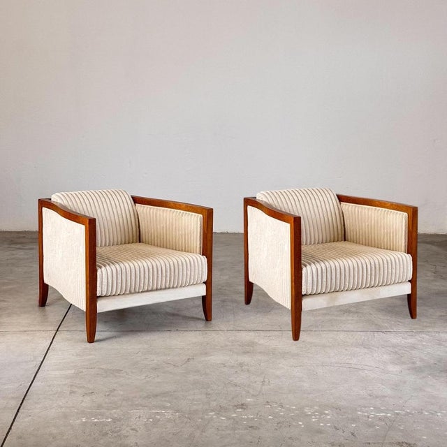 Pair of Italian Art Deco Armchairs, 1930s Design, 1990s Production, Fully Restored and Upholstered in Locally Crafted,...