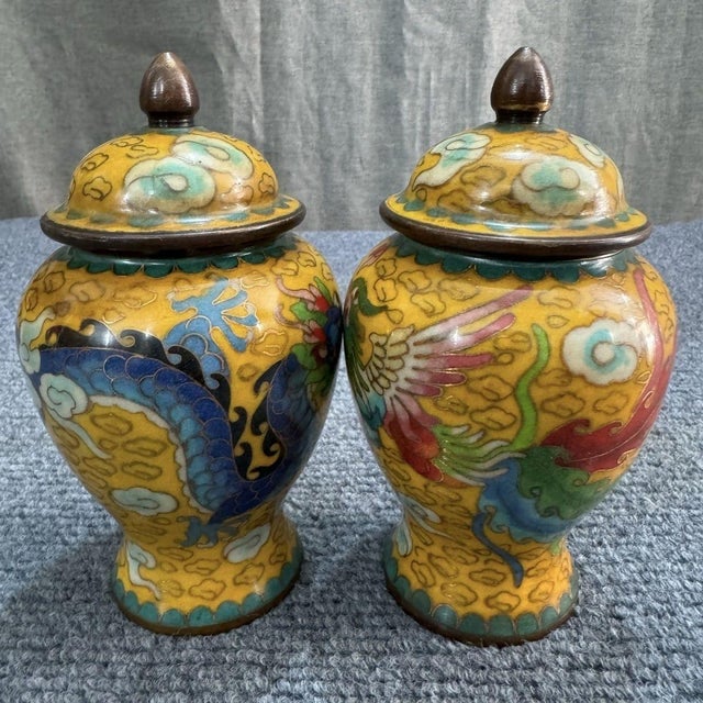 Art Deco Pair of Vintage Cloisonné Enamel Dragon & Phoenix Ginger Jars For Sale - Image 3 of 6