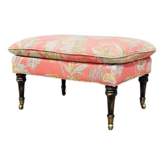 Custom Cr Laine Coral Botanical Cocktail Ottoman | Luxury Designer Upholstered Coffee Table Ottoman With Turned Wood Legs & Brass Casters For Sale