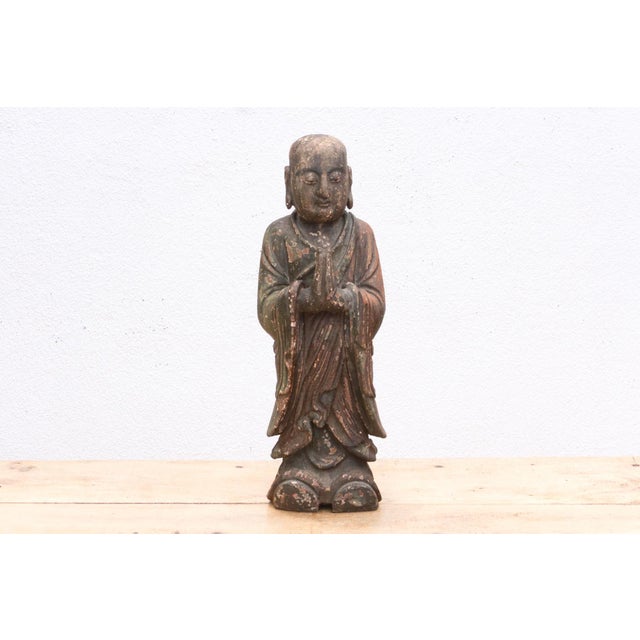 Asian Antique Antique Praying Monk Carved 20" Statue For Sale - Image 3 of 10