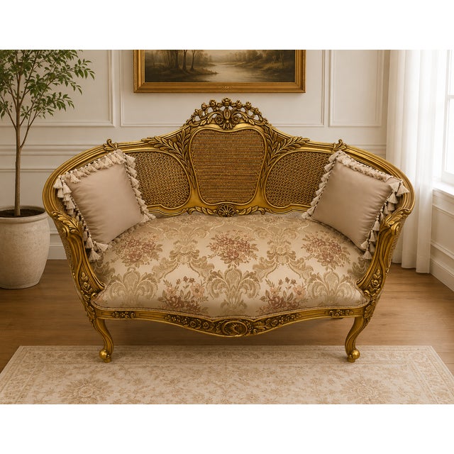 Add a touch of timeless French elegance to your interior with this exquisite Louis XV–style settee. Featuring an ornate...