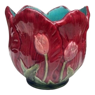 19th Century French Majolica Red Tulip Cache Pot For Sale