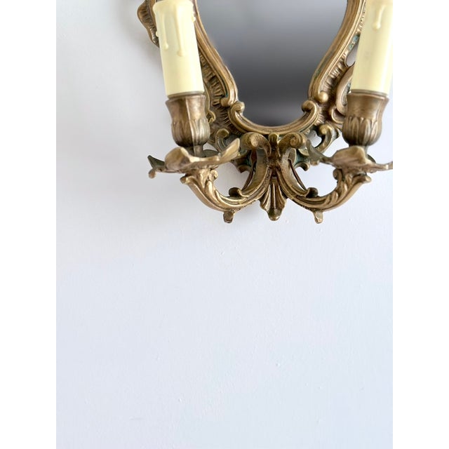 Metal Mid-Century French Rococo Revival Brass Wall Mirror Sconce, 1950s For Sale - Image 7 of 16