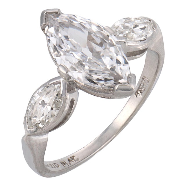 Mid Century Gia 1.15 Carat Marquise Cut Diamond Platinum Engagement Ring, Size 4 For Sale