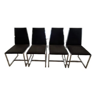 Set of 4 Modern Chrome Dining Chairs in Brown Ultrasuede, Milo Baughman Style For Sale