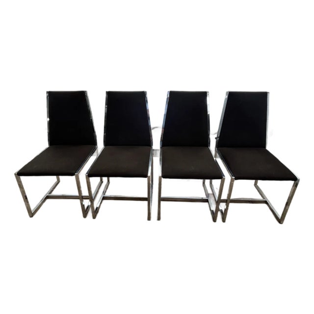 Set of 4 Modern Chrome Dining Chairs in Brown Ultrasuede, Milo Baughman Style For Sale