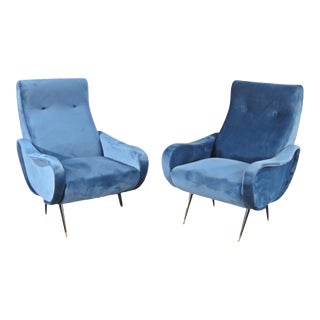 Pair of Blue Velvet Mid Century Modern Zanuso Style Bergere Armchairs For Sale