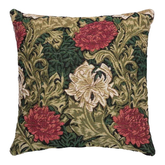 Chrysanthemums Green Cushion With Feather Filler - 33x33cm (13"x13") For Sale