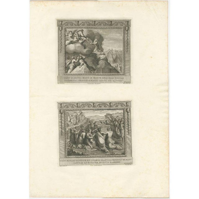 Large antique print with two religious engravings. The upper image depicts Moses on Mount Sinai receiving the stone...