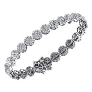 10K White Gold Round Baguette Diamond Designer 7 Inch Bracelet 2-3/8 Cttw For Sale