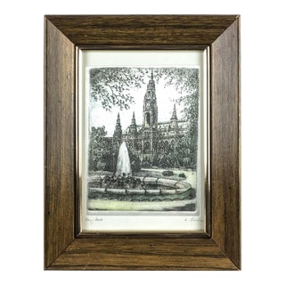 Ink on Silk Architectural Signed Drawing of Rathaus Vienna For Sale