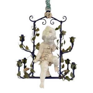 Vintage Italian Cherub Putti Floral Tole 6-Light Chandelier