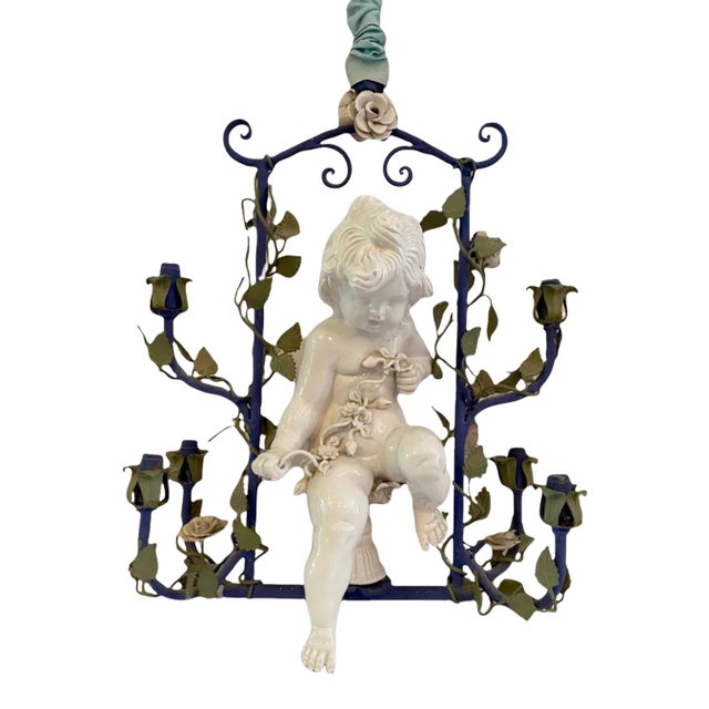 Vintage Italian Cherub Putti Tole Chandelier Floral 6 Light Ceiling Fixture For Sale