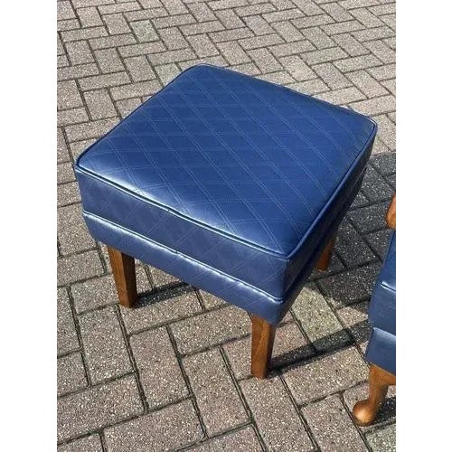 Set of Blue Leather Armchair & Foot Stool For Sale - Image 9 of 11