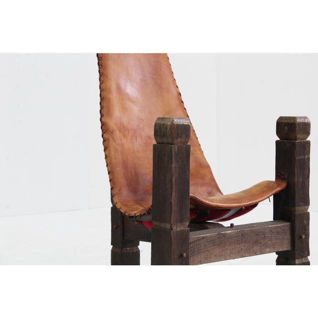 Vintage Brutalist Tripod Leather and Wood Chair, 1970s For Sale - Image 9 of 10