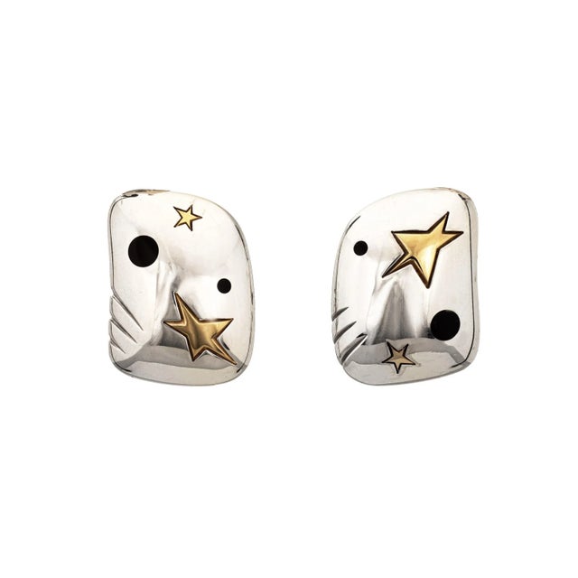 Michael Bondanza Star Earrings Estate Sterling Silver 18k Yellow Gold Jewellery - 2 Pieces For Sale - Image 4 of 4