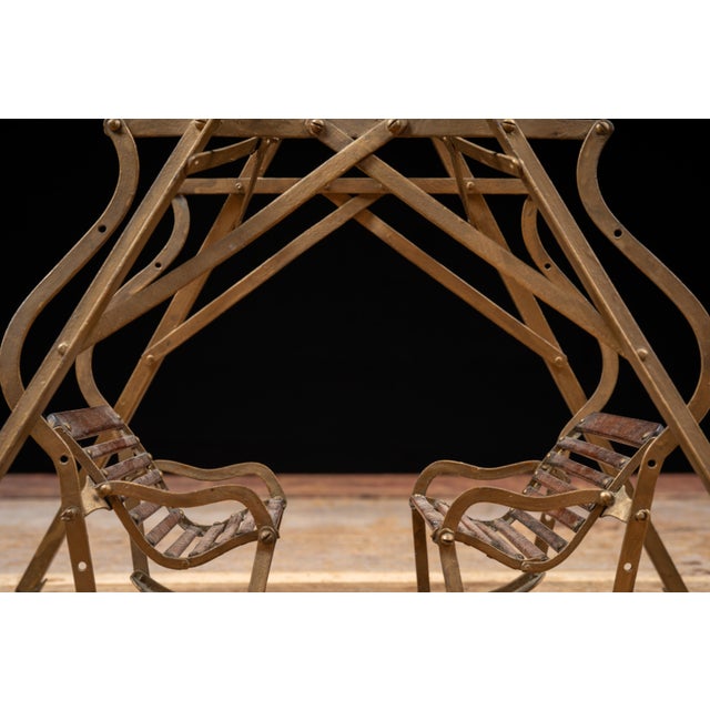 Antique Brass and Wood Folding Four-Passenger Lawn Glider Swing Salesman Sample For Sale - Image 9 of 13