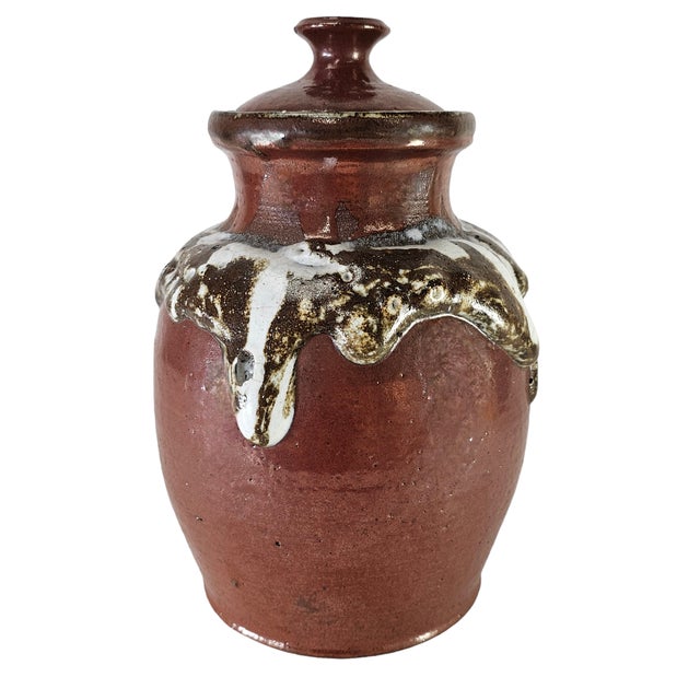 Vintage California Studio Pottery Lidded Jar With Red Brown Drip Glaze, 11” For Sale - Image 4 of 12