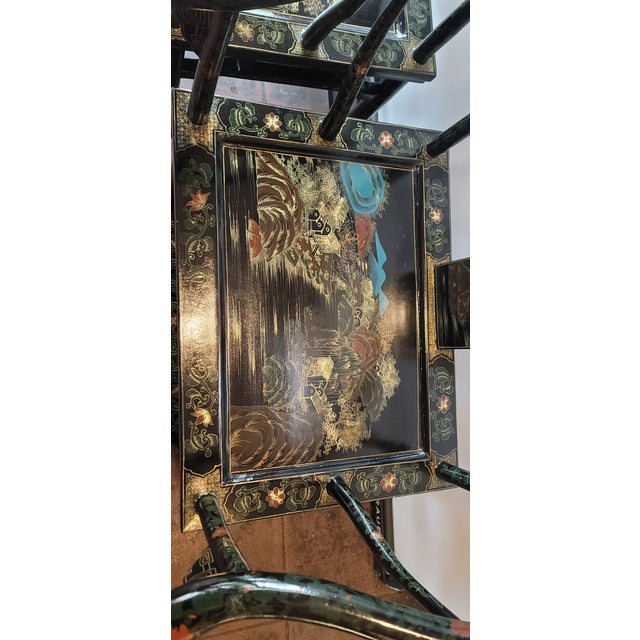 Very Nice hand painted scenes Chinese Lacquer Horseshoe Chairs. They have similar scenes and paint but not exact. Each...