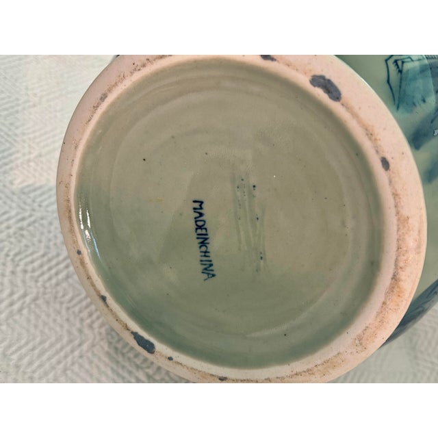 Vintage Chinoiserie Celadon & Cobalt Blue Vase With Lion Mask Handles For Sale - Image 11 of 11