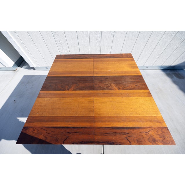1960s Attributed to Milo Baughman for Directional Multi-Wood Parquetry Square With 2 Extensions Dining Table For Sale - Image 16 of 16