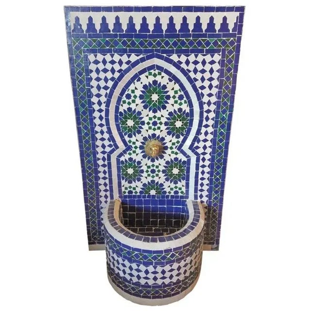 Metal Tazia Blue/White/Green Moroccan Mosaic Tile Fountain For Sale - Image 7 of 7