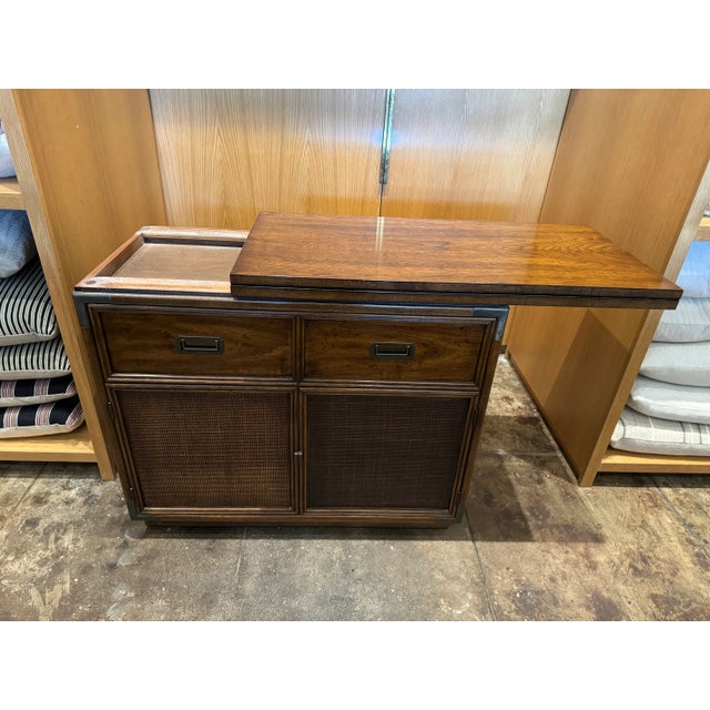 MCM Henredon Campaign Style Walnut and Rattan Rolling Bar/Cabinet W/ Expandable Flip Top For Sale - Image 10 of 12