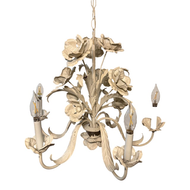 1960s Extra Large Vintage Toleware Chandelier 6 Bulb Flower For Sale