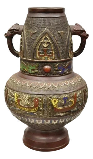 Antique Japanese Champleve Cloisonne Enamel Bronze Twin Handle Vessel Vase