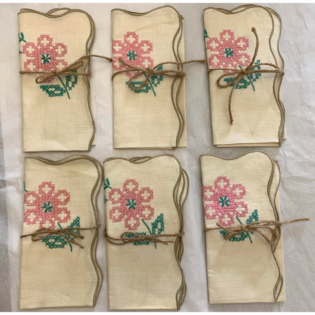 1970s Vintage Handmade Linen Ivory, Pink & Green Floral Embroidered Napkins- Set of 6 For Sale - Image 5 of 5