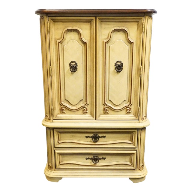 Stanley Furniture Solid Pecan Antiqued Yellow Cream Painted Mediterranean 39" Door Chest 4723-42 For Sale