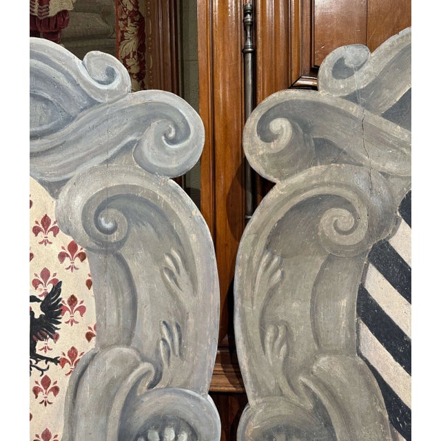 Gray Pair Early 20th Century Italian Carved and Painted Wall Hanging Heraldic Shields For Sale - Image 8 of 11