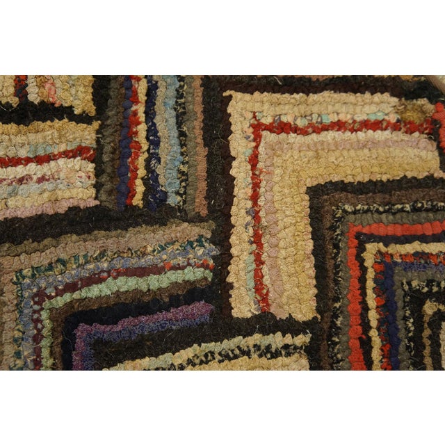 1920s Multi Brown Zig Zag Folk Art Antique American Hooked Rug 2' 7'' X 4' 6'' Handwoven Wool Carpet For Sale - Image 9 of 13