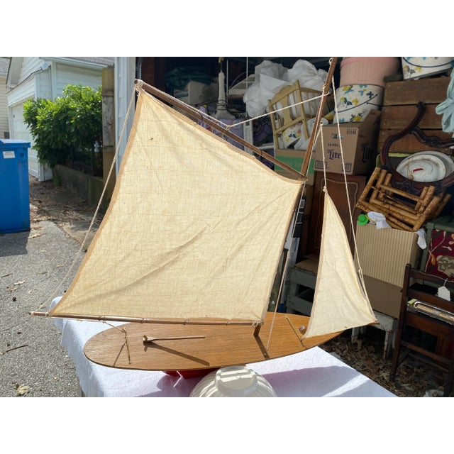 Late 20th Century Late 20th Century Decorative Wood Red and White Model Sailboat For Sale - Image 5 of 10