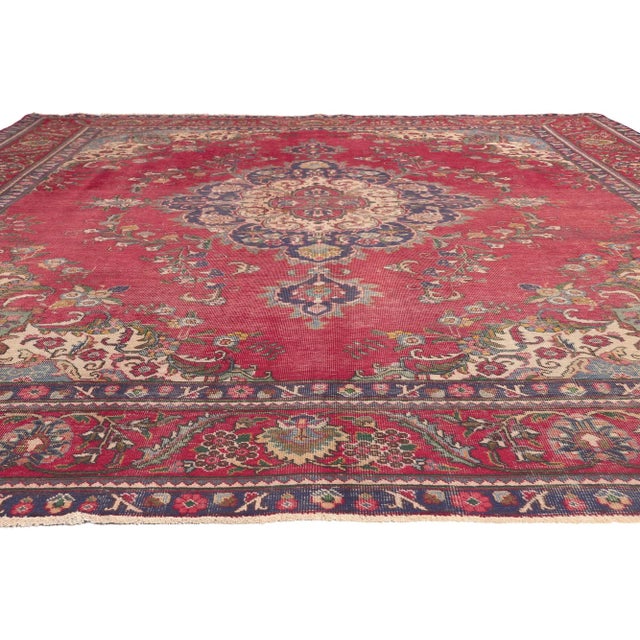 Rustic Early 20th Century Antique-Worn Persian Tabriz Rug - 09'11 X 12'11 For Sale - Image 3 of 9