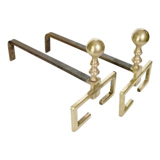 Brass and Cast Iron Andirons, France, 1970s, Set of 2 For Sale