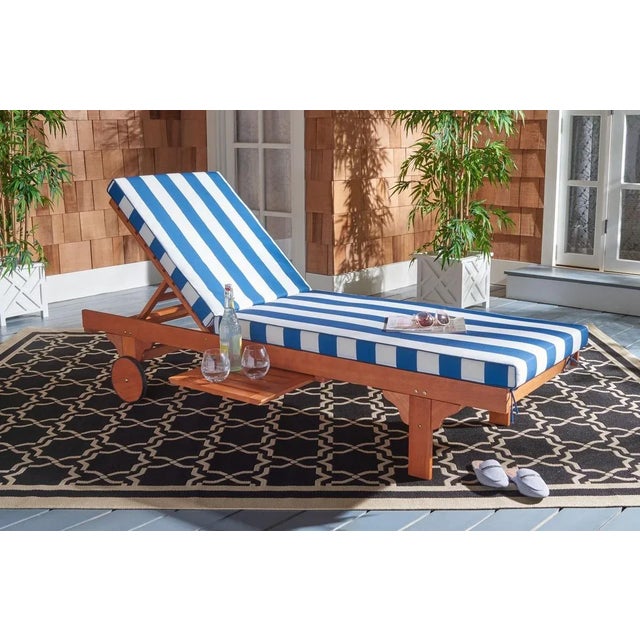 2020s Newport Chaise Lounge Chair with Side Table, Natural/Navy Stripe Cushion For Sale - Image 5 of 11