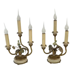 Vintage Floral Tole Candelabra Table Lamps - a Pair