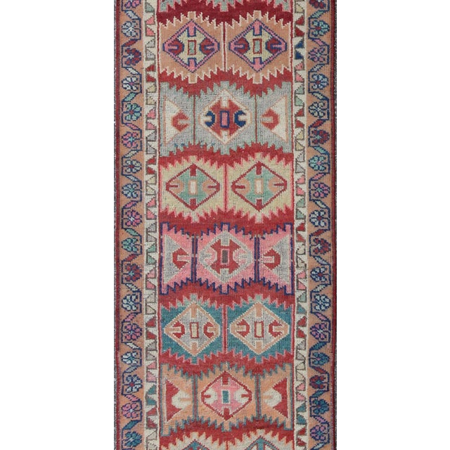 Tribal Unique and Colorful Turkish Oushak Runner With Intricate Geometric Pattern For Sale - Image 3 of 6