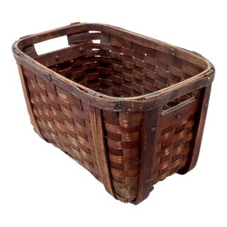 Large Substantially Made Antique Steam Bent & Woven Oak Splint Farm Gathering Basket For Sale