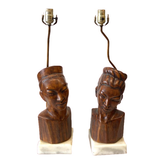 James Mont Style Ceramic Heads Table Lamps on Marble Bases - a Pair For Sale