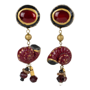 Francoise Montague Red and Black Resin Dangle Clip Earrings