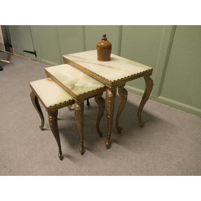 Brass Nesting Tables with Marble Tops, 1920, Set of 3 For Sale - Image 4 of 8