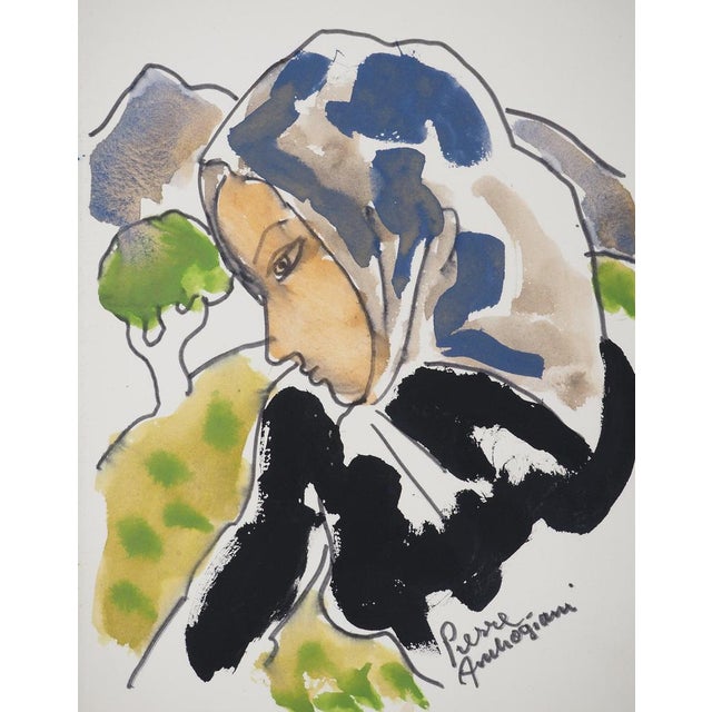 Pierre AMBROGIANI (1907-1985) The peasant girl, 1968 Original watercolor Signed in felt pen On vellum 23.5 x 18.5 cm...