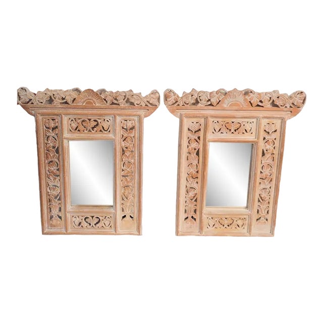 Carved Wood Pagoda Shaped Decorative Wall Mirror- a Pair For Sale