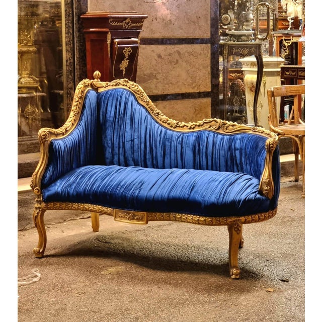 Baroque Baroque Style Blue Gold Leaf Settee Sofa – Upholstered Seating With Sculpted Back For Sale - Image 3 of 3