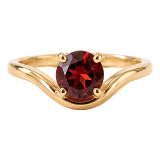 Natural Red Garnet Curved Ring • 18k Gold Plated Wave Stacking Solitaire Band • January Birthstone Ring Us 7 For Sale