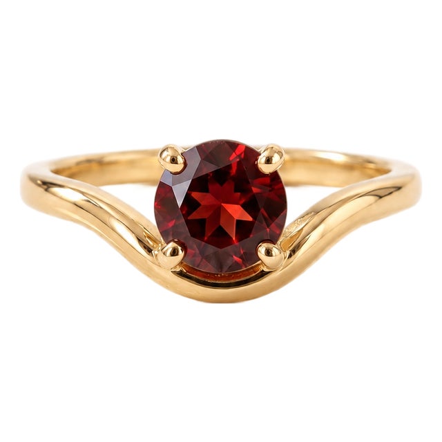 Natural Red Garnet Curved Ring • 18k Gold Plated Wave Stacking Solitaire Band • January Birthstone Ring Us 7 For Sale