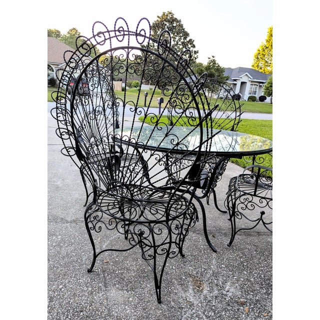 Mediterranean Salterini Patio Set Wrought Iron Table Peacock 4 Chairs Mid 20th C. For Sale - Image 3 of 11