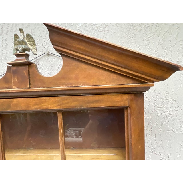 Vintage Solid Wood Hanging Wall Cabinet / Curio & Brass Eagle Finial For Sale - Image 13 of 17